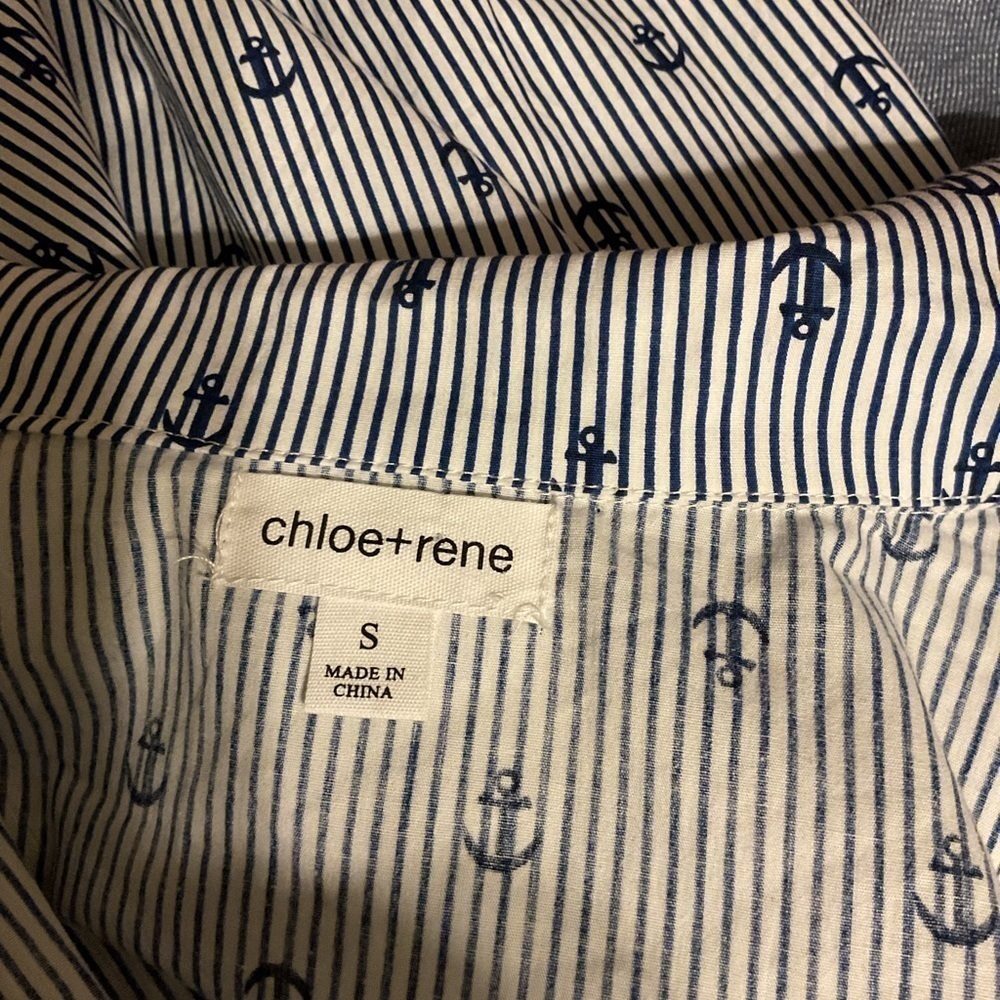 Chloe+rene Blue White Stripe Anchor Button Down Tie Front Knee Length Dress - Picture 7 of 8